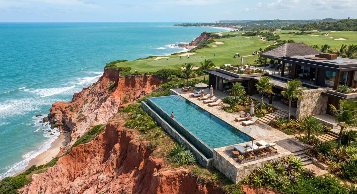 Residência no alto das falésias vermelhas de Trancoso, com piscina de borda infinita sobre o Atlântico