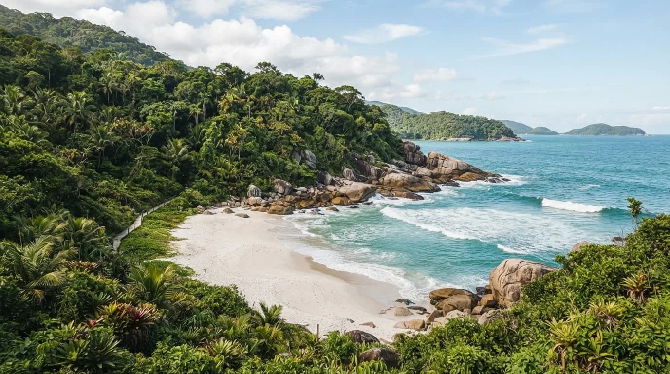 Mata Atlântica densa encontrando praia de areia branca em Itacaré, com ondas turquesa e rochas de granito
