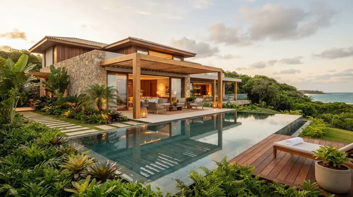 Villa contemporânea na Praia do Forte com pergolados de madeira clara e espelho d'água cercado de jardim tropical