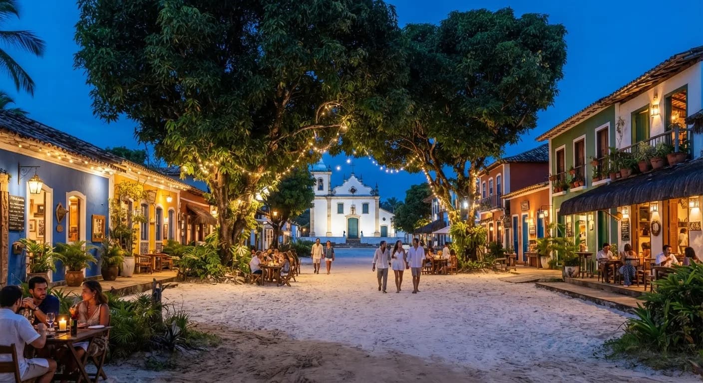 Casas coloniais coloridas do Quadrado de Trancoso iluminadas por varais de luz sob mangueiras antigas